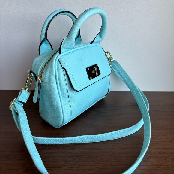 Small Light Blue Merona Crossbody Hand Bag Polka Dot Interior With Pockets - Picture 3 of 10